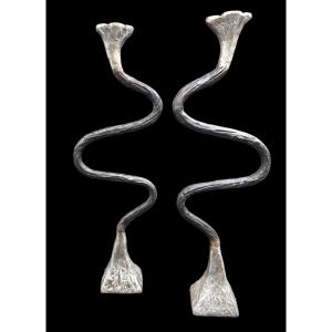 Large Pair Of Designer Bronze Candlesticks From The 70s