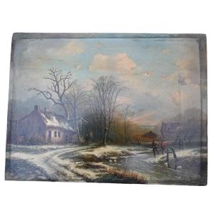 Mammes Charles, Winter Landscape On Panel, First Half Of The 19th Century