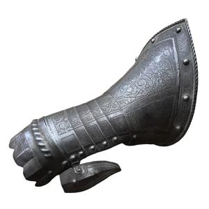 Wrought Iron Armor Gauntlet Finely Engraved With Foliage