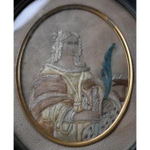 Large Miniature, Portrait, Partly Painted And Embroidered
