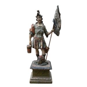 17th Century Italian Polychrome Carved Wood Statue Of Saint Florian