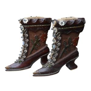 Pair Of Folk Art Carved Wooden Women's Shoes