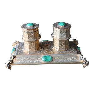 Antique 19th Century Gilt Bronze Inkwell With Malachite