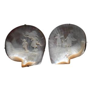 Pair Of Mother-of-pearl Shells Carved As Cameos, Grand Tour, 19th Century
