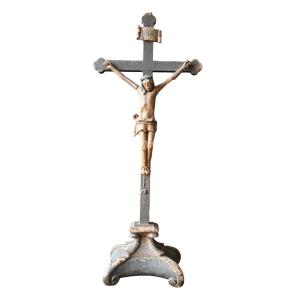 Antique Polychrome Wooden Crucifix Statue From The 18th Century