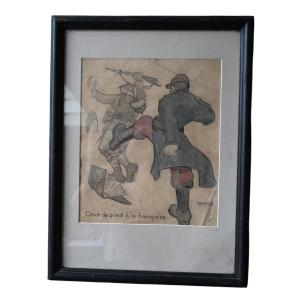 Gerard Vroom (1888-1945) Drawing, Military Caricature, French Kick