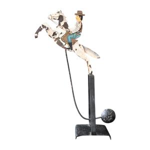 Antique Galloping Cowboy Balance Toy In Motion, Hand Painted Wrought Iron, 19th Century.