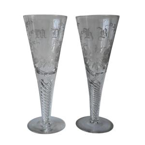 Pair Of Large (28 Cm) Twisted 19th Century Friendship/wedding Wine Glasses