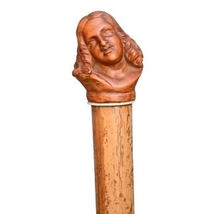 19th Century Malacca Walking Stick With Finely Carved Boxwood Handle