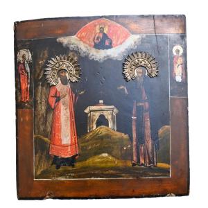 Ancient Russian Orthodox Icon – Two Holy Ascetics Under Mandorla With Golden Nimbus