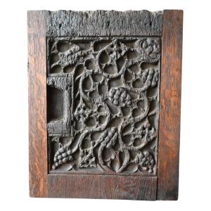 Rare Gothic Oak Panel Carved With Vine And Grape Cluster Motif, Circa 1320–1400