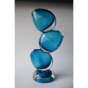 Large Murano  Bullicante Art Glass Sculpture Vase – Triple Stacked Form, Aqua Blue