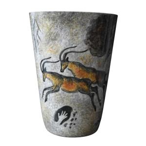 Vallauris Vase, 1950s – Prehistoric “lascaux” Decoration – Hand-painted Decoration – H. 26.5 Cm