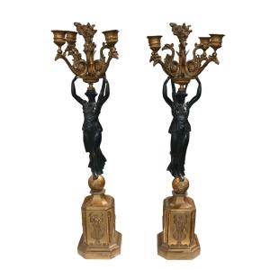 Pair Of Empire Candelabra In Gilt And Patinated Bronze, Pierre-philippe Thomire, Paris, 1805-1815