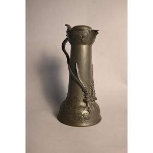 Kayserzinn 4305 – Jugendstil Pewter Ewer With Wood And Deer Antler Decoration, Circa 1900