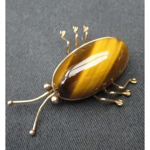 Vintage Brooch In 14k Gold With Tiger Eye Stone