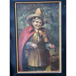Antique 19th Century Oil Painting On Panel Of A Violin Player