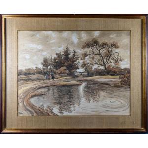 Jean Peské 1870-1949 Pondside With Figures