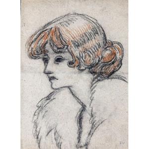 Louis Valtat 1869-1952: Woman With A Fur Collar, Charcoal And Sanguine, Stamp At The Bottom,