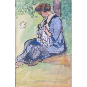Jean Peské 1870-1949 Breastfeeding Woman Ink And Watercolor, Framed