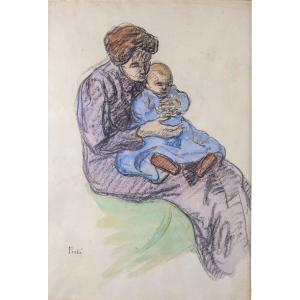 Jean Peské 1870-1949: Maternity Ink And Watercolor, Signed Lower Left