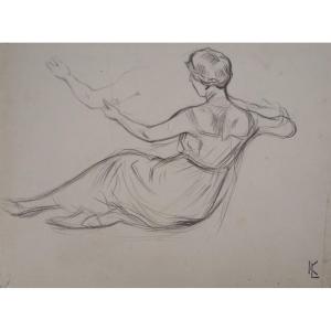 Léopold Franz Kowalski Woman Reclining On Her Back, Charcoal, Monogrammed,circa 1900, Framed