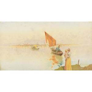 Raffaele Mainella (1856-1941) Mother And Child In The Venetian Lagoon. Watercolor. Signed