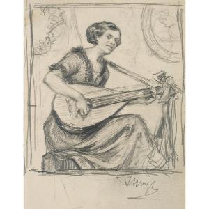 Johannes Mogk (1868-1921),musician With Lute And Little Girl Playing On The Reverse.black Chalk