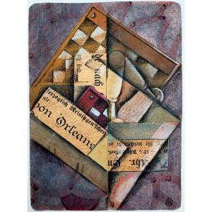 Cubist Still Life:watercolor, Pastel, Collage Of Newspaper Clippings In Gothic Type, Circa 1914