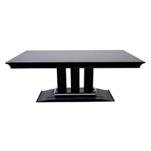 Art Deco Extendable Dining Table In Black Lacquer With Silver Accents