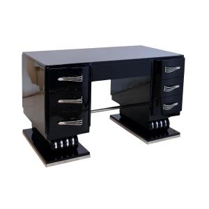 Art Deco Desk In Glossy Black Lacquer With Metal Applications