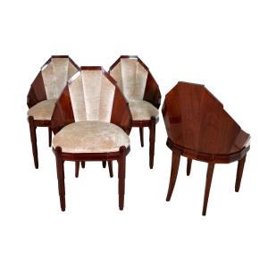 Four Very Elegant Art Deco Mahogany Chairs With Fan Backs