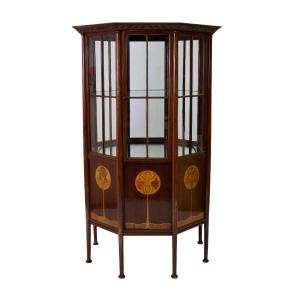 Octagonal Art Nouveau Display Cabinet In Mahogany Inlaid With Various Fruit Woods