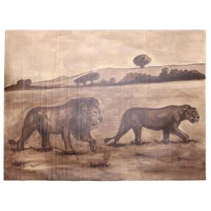 Large Oil Painting Of A Pair Of Lions By “jean Poulain“