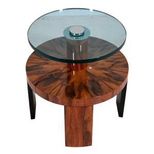 Round Walnut Side Table With Glass Top
