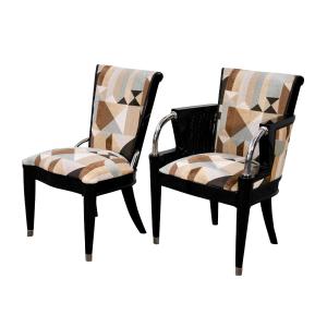 Set Of Black Lacquered Wicker Chairs, 2 With Armrests And 4 Without Armrests