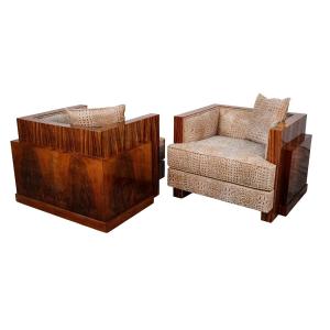 Pair Of French Art Deco Armchairs, Zebrano And Walnut, 1930s