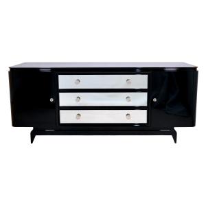 Art Deco Sideboard, France Circa 1930, Glossy Black Lacquer With 3 Mirrored Drawers