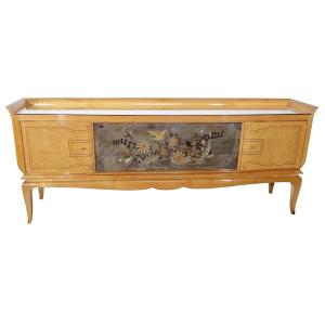 Large Maple Sideboard With Decorative Mirror France, 1940s