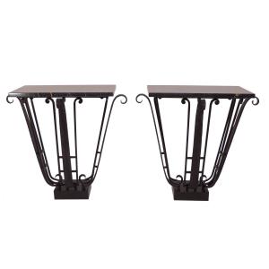 Pair Of Art Deco Wrought-iron Consoles With Marble Tops