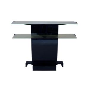 Art Deco Console With Two Mirrored Glass Shelves, High-gloss Black Lacquered Base