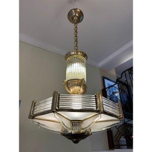 Petitot Octagonal Bronze Chandelier, Art Deco France