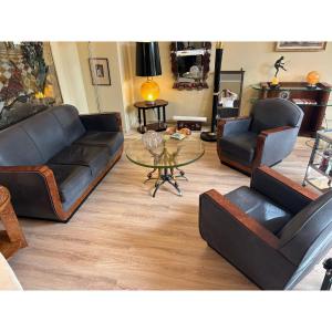 Art Deco Living Room Set Circa 1930, Amboyna Burl And Anthracite Nubuck Leather