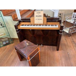 Art Deco Piano Circa 1930 And Its Stool, Walnut Veneer