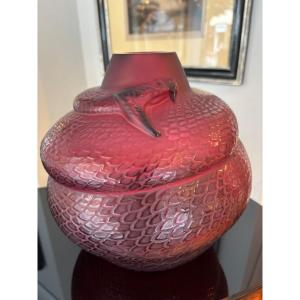 Lalique Serpent Vase, Red Crystal, Art Deco Style