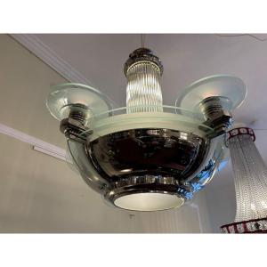 Petitot Circular Chandelier, Art Deco Circa 1930, Metal And Glass