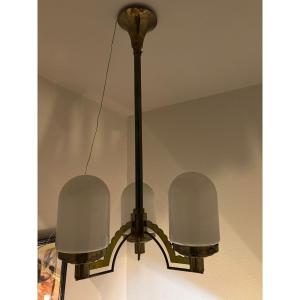 Art Deco Chandelier With Three Arms, Gilded Metal And Shell-shaped Frosted Glass