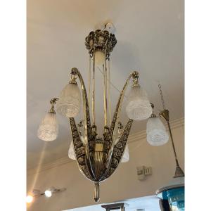 Art Deco Bronze Chandelier With Floral Ornament, France Circa 1925