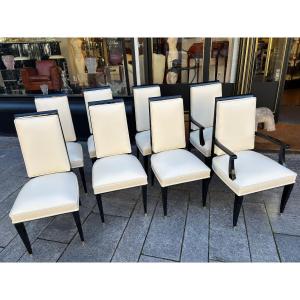 Set Of 8 Art Deco Chairs Circa 1930 Piano Lacquer And Cowhide Leather