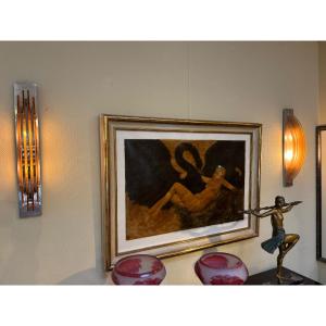 Pair Of Perzel Art Deco Wall Sconces Circa 1930, Peach Colored Glass